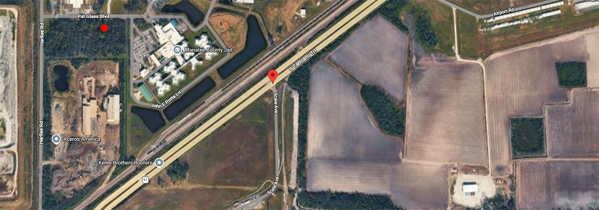 Map screenshot showing the location of a fatal pedestrian crash near US 41 and Scale Avenue in Manatee County, Florida