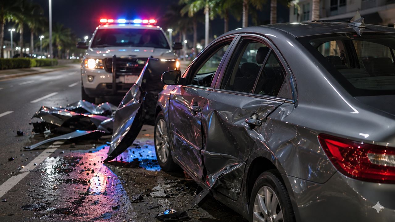 Nighttime car accident in Florida, showing a dented vehicle, broken parts on the road, and police lights