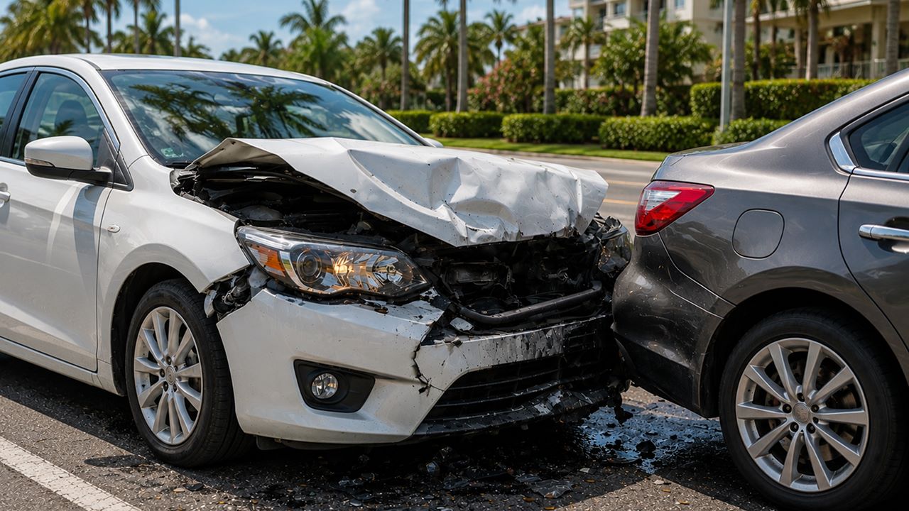 A white car rear-ends a grey car during a Florida rear-end car accident