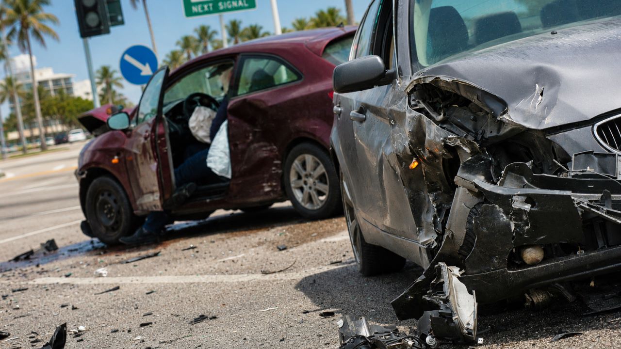 Two cars in the road after a serious Florida car accident with airbags deployed, surrounded by debris