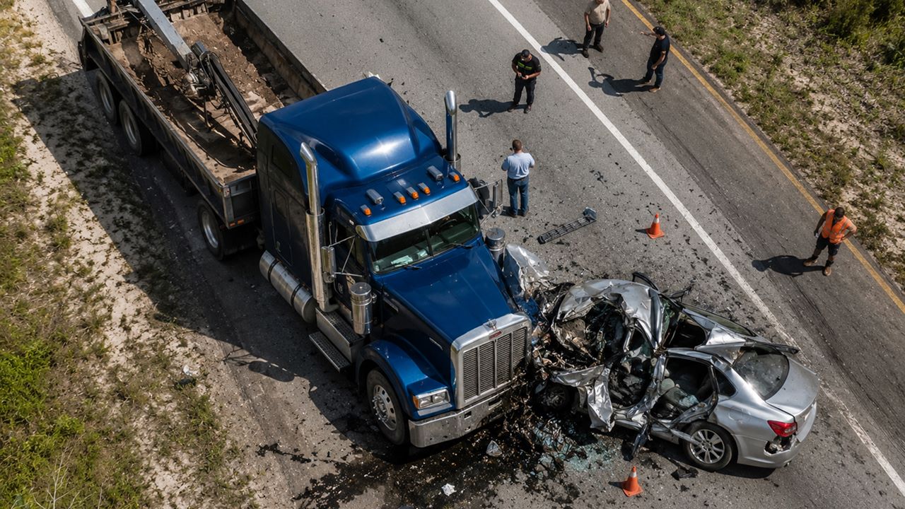 The view from above a serious Florida truck accident caused by negligence, with accident reconstructionists nearby