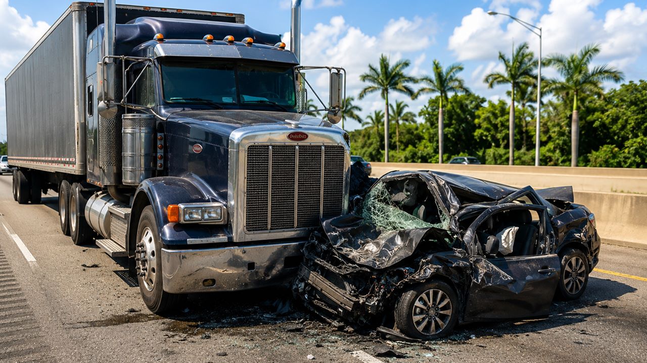 In the aftermath of a severe Florida truck accident, the truck and car both sustaining extensive damage