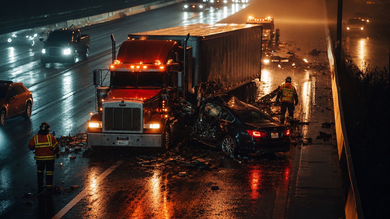 Florida truck accident on a rainy night, with police cars on the scene