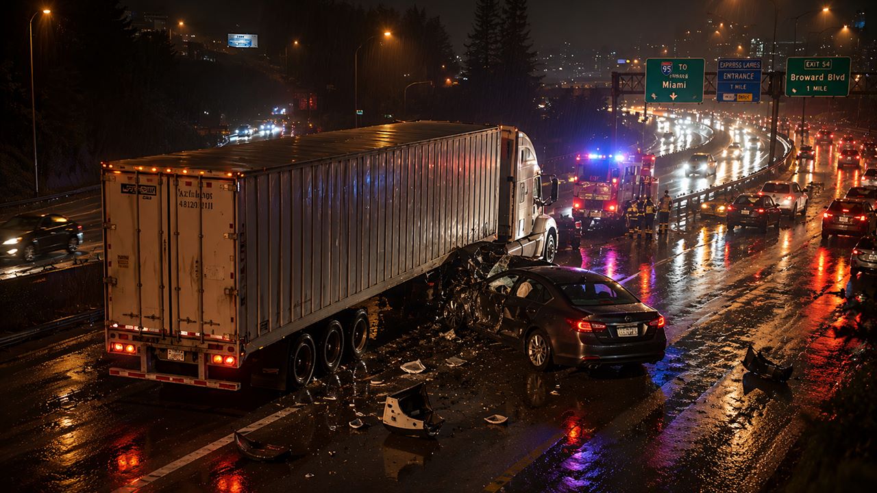 Florida highway truck accident on a rainy night, with police lights in the background