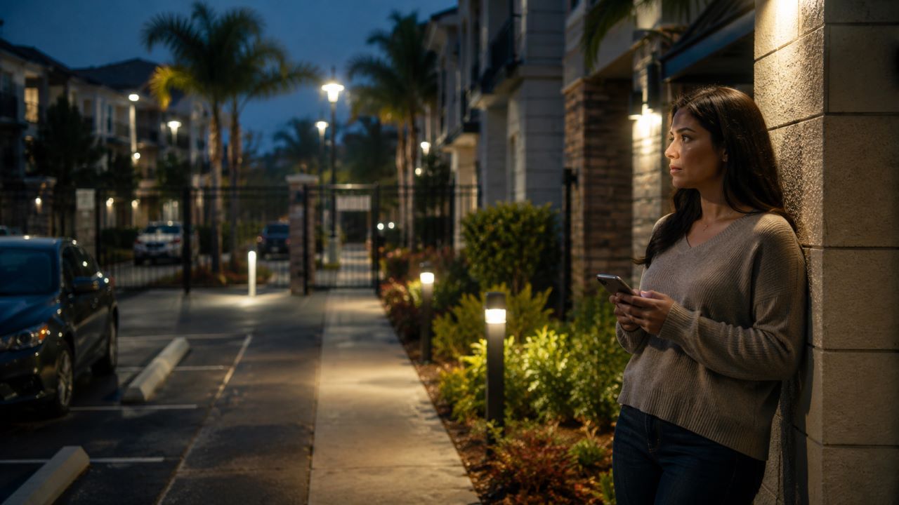 Adult survivor outside a Florida apartment complex after a sexual assault-related incident