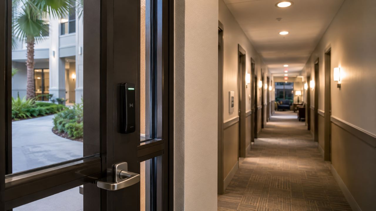 Campus housing access-control scene relevant to a Florida sexual assault claim