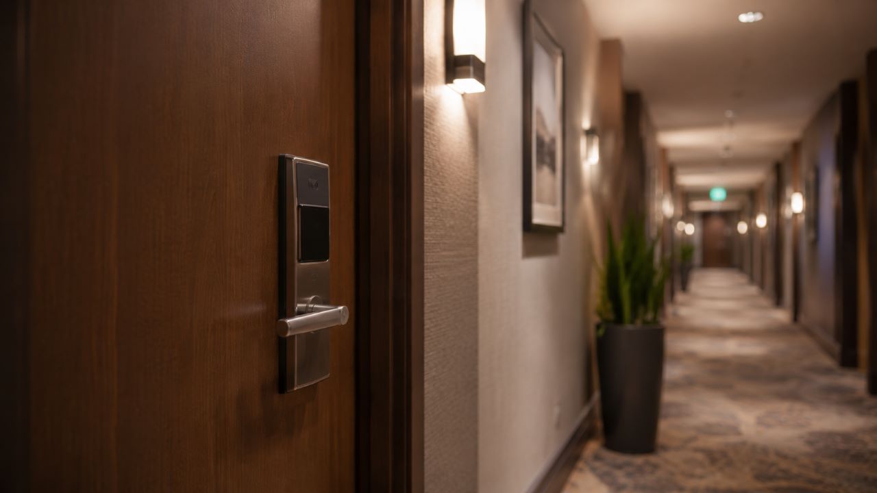 Hotel room door and key-card access scene relevant to a Florida sexual assault claim