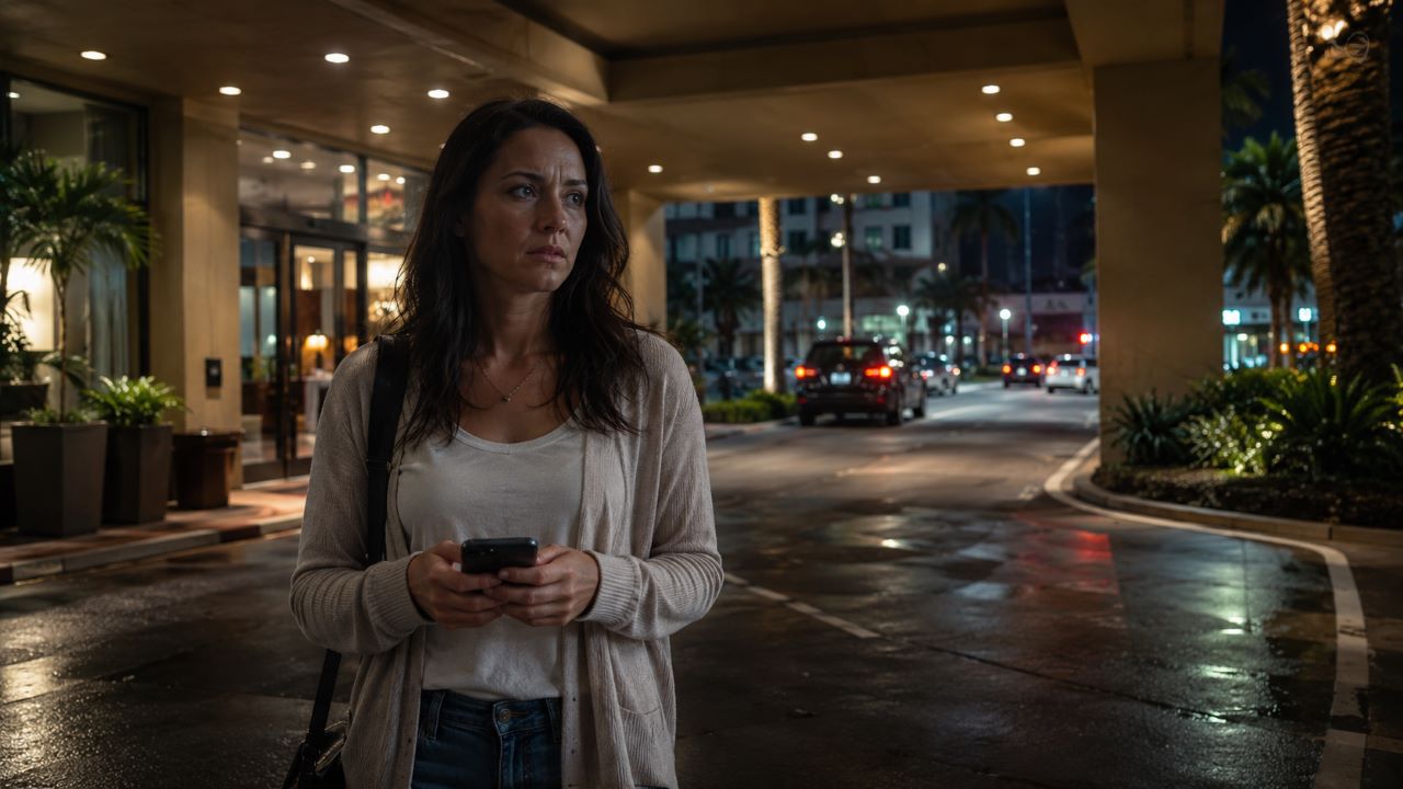 Adult survivor outside a Florida hotel after a sexual assault-related incident