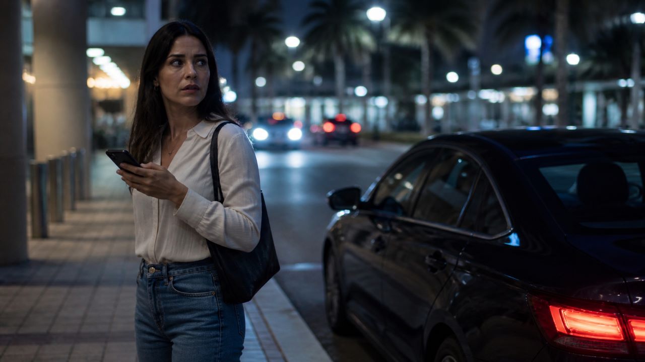Woman standing near a rideshare pickup area at night after an unsettling Lyft trip in Florida