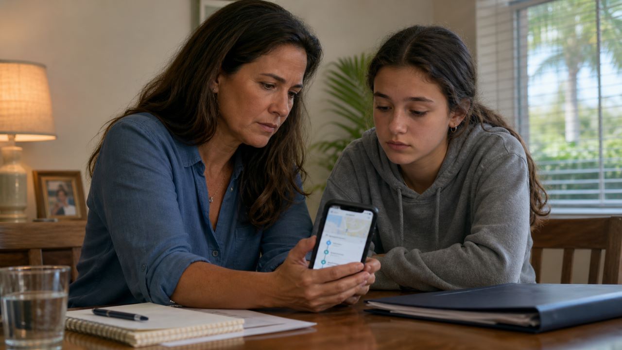 Parent and teenager reviewing phone records that may relate to an Uber or Lyft sexual assault claim in Florida