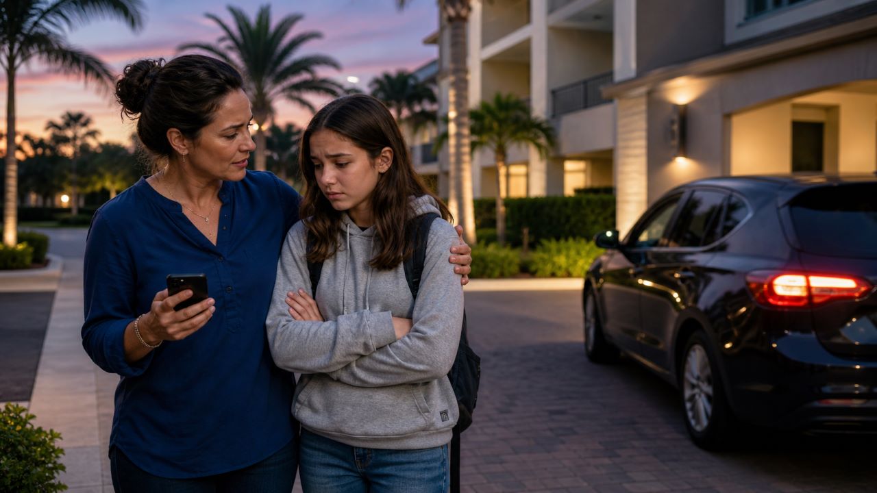 Concerned parent and teenager standing near a rideshare pickup area after an upsetting Uber or Lyft incident in Florida