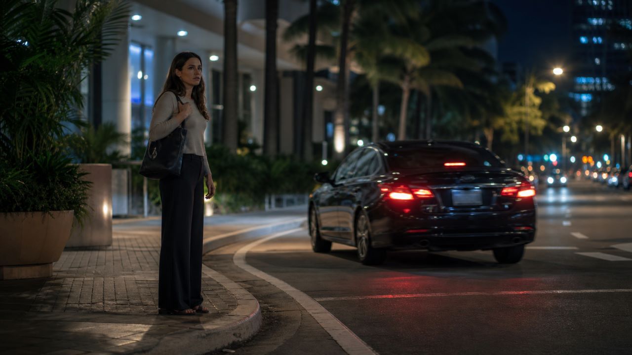 Woman standing at a nighttime curbside drop-off after an unsettling Uber or Lyft ride in Florida
