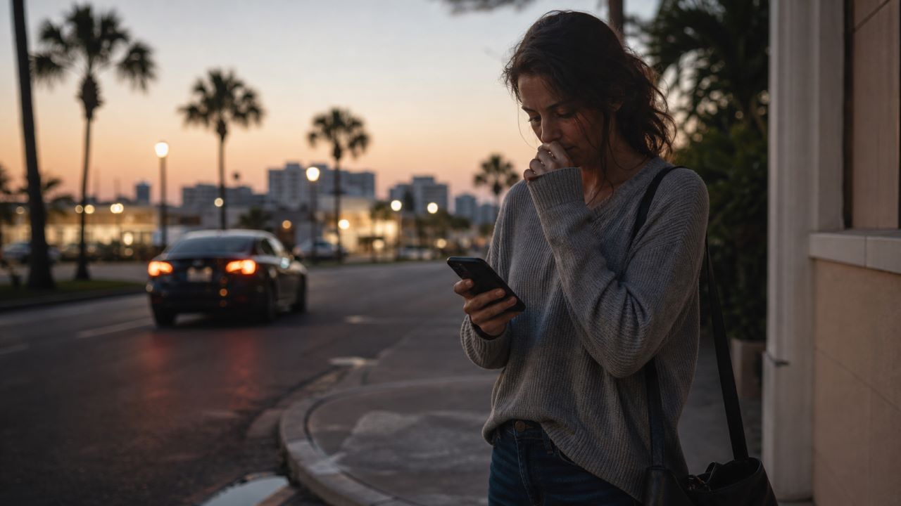 Person standing near a rideshare pickup area in Florida after a distressing Uber or Lyft incident