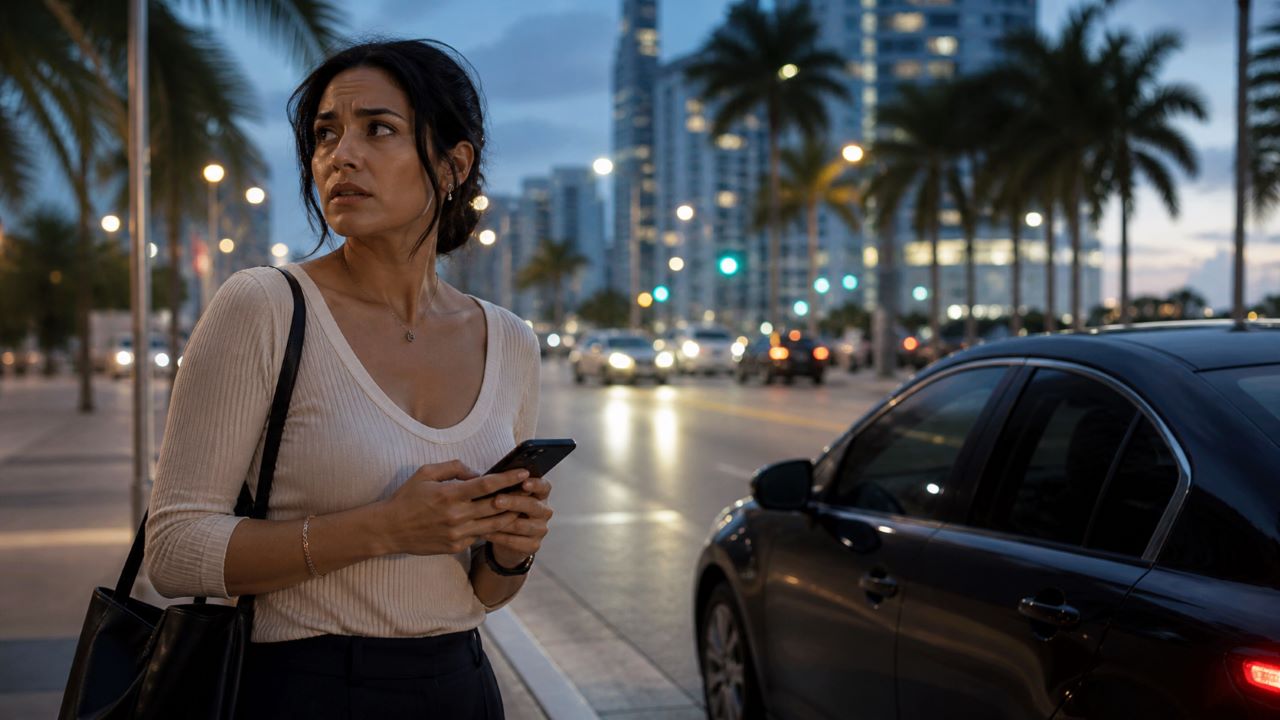 Woman standing near a rideshare pickup area at night after an unsettling Uber or Lyft trip in Florida