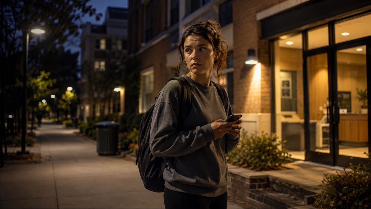 Student-aged survivor outside a Florida school or university building after a sexual assault-related incident