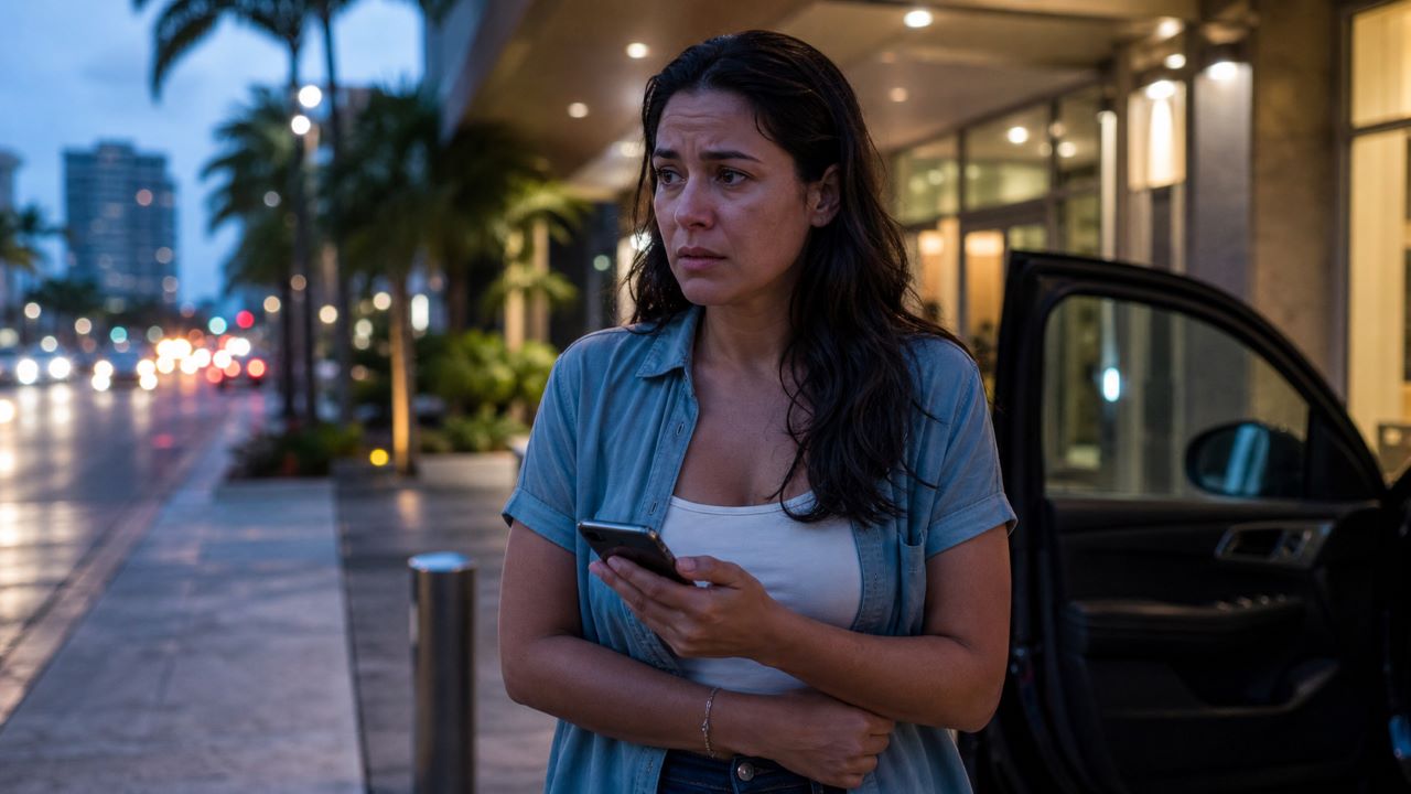 Adult survivor standing outside a Florida property entrance at night after a sexual assault-related incident