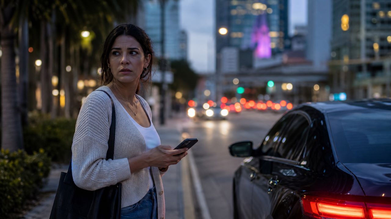 Woman standing near a rideshare pickup area at night after an unsettling Uber trip in Florida