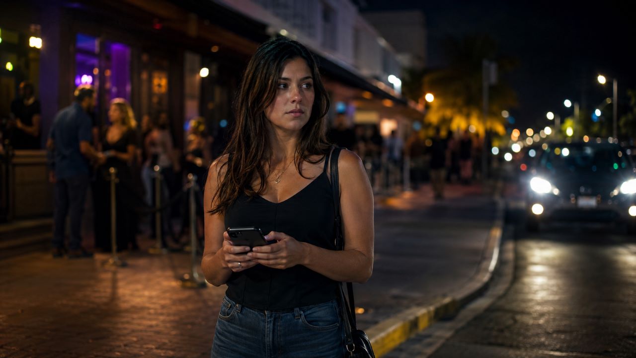 Adult survivor outside a Florida bar or event venue at night after a sexual assault-related incident