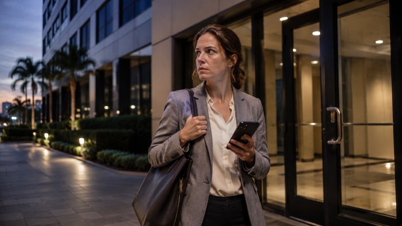 Adult survivor outside a Florida workplace after a sexual assault-related incident