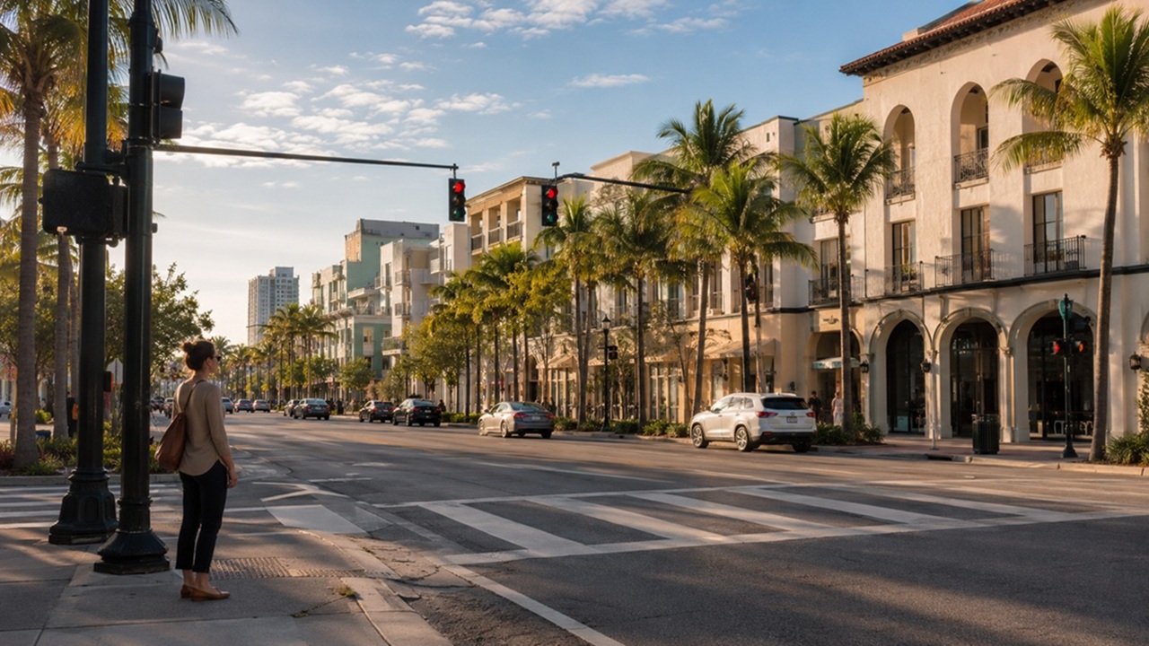 St. Petersburg city street with a marked crosswalk, palm trees, and a pedestrian waiting near a downtown corridor.