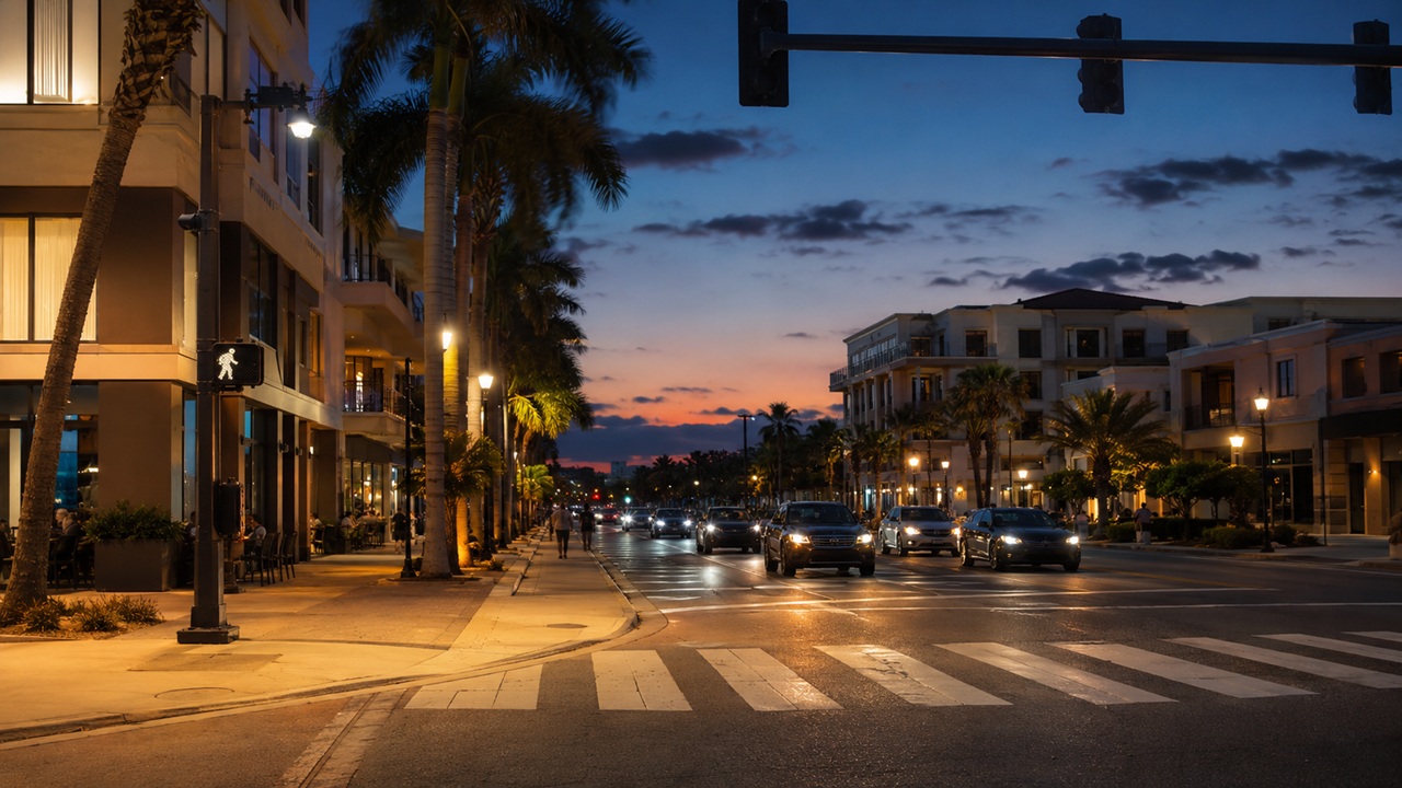 Downtown St. Petersburg crosswalk and pedestrian signal near a nightlife and commercial area at dusk.