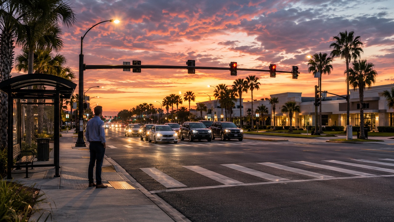 Multilane Tampa road with a marked crosswalk, palm trees, and a pedestrian waiting near the corner at dusk.