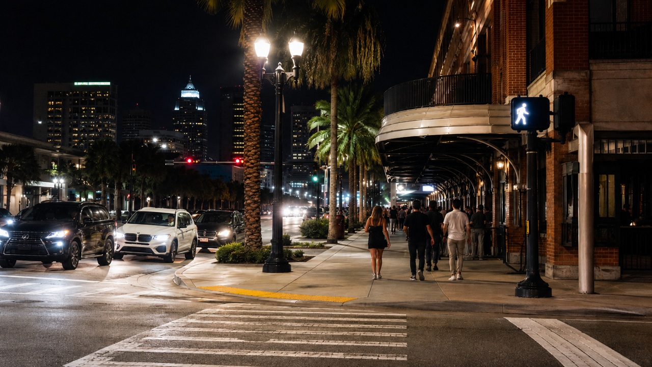 Well-lit crosswalk and pedestrian signal in a Tampa nightlife and commercial corridor at night.