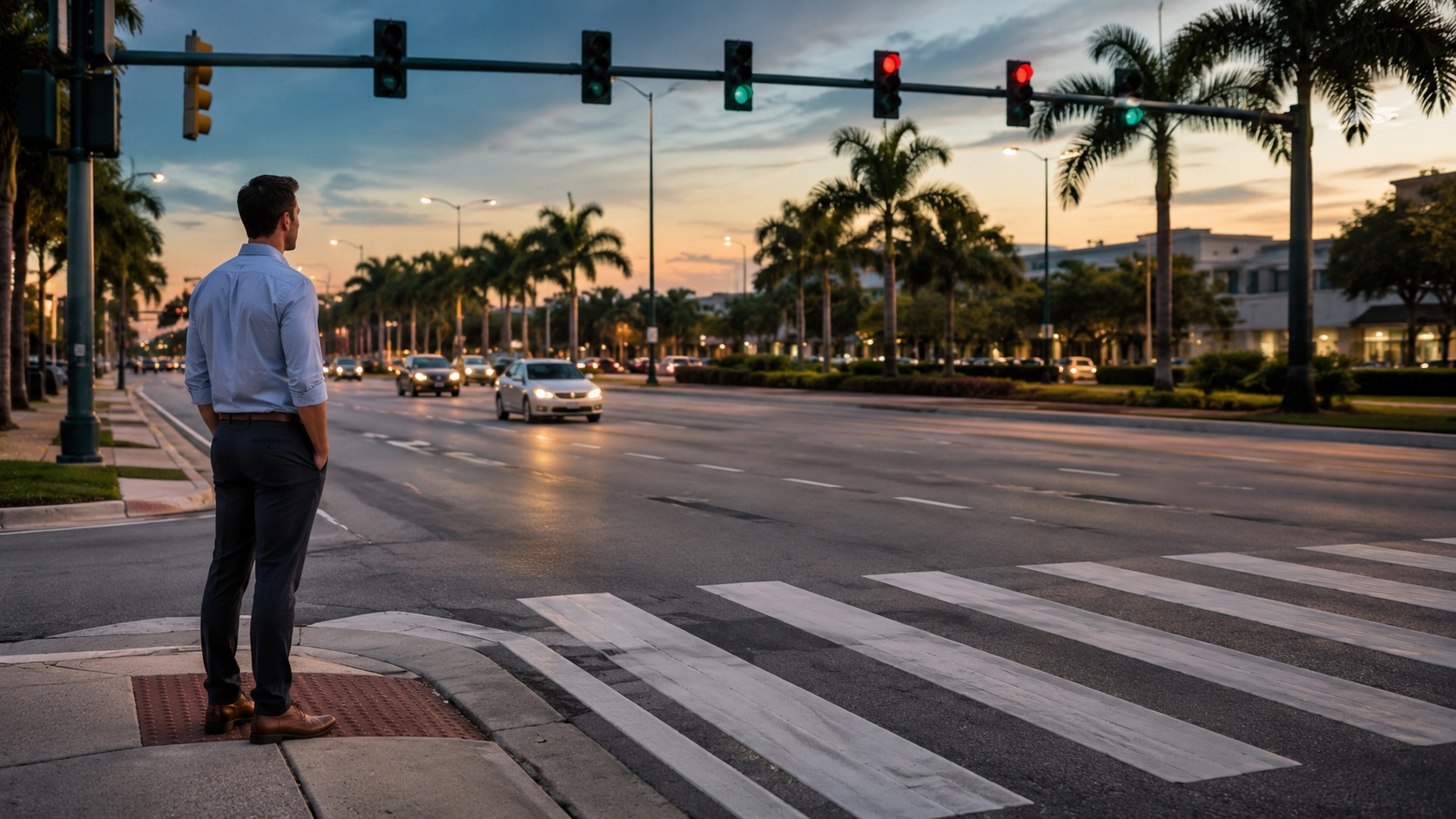 Marked crosswalk on a wide Florida arterial road at dusk with a pedestrian waiting at the corner.