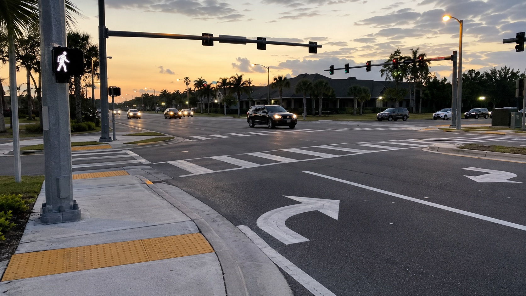 Pedestrian crossing signal and road markings at a Florida intersection in low light.