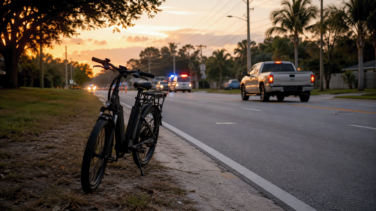 Suburban Plant City roadway at dusk with an e-bike and pickup truck after a serious crash investigation