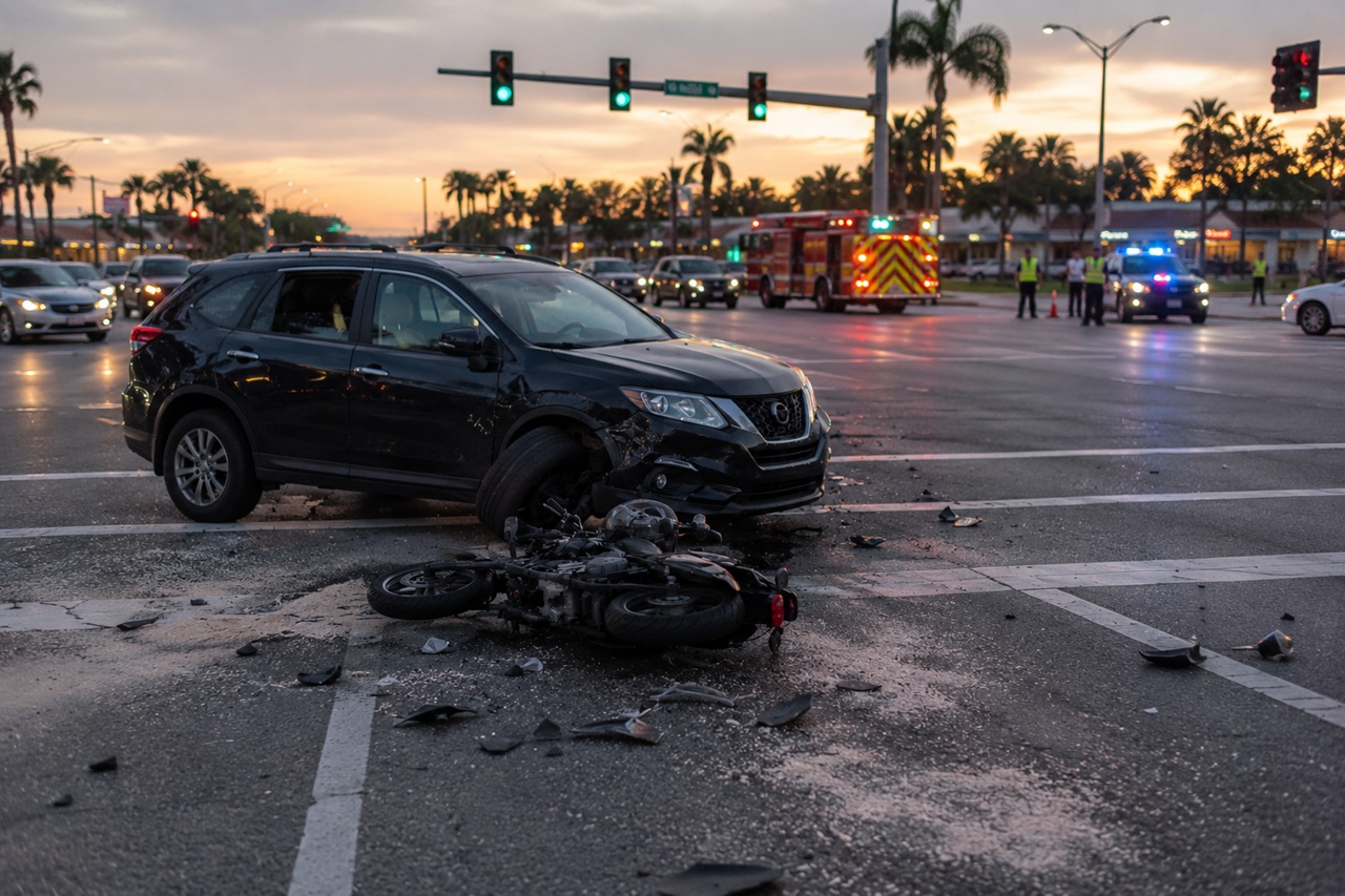 A motorcycle lies on its side on the asphalt of a wide Florida intersection after a collision with a black Nissan SUV, surrounded by broken vehicle debris.