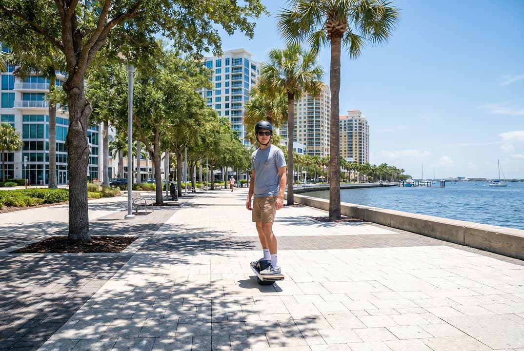 Onewheel rider on a St. Petersburg waterfront path near downtown.