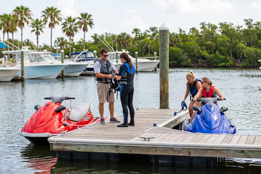 Dockside jet skis prepared for launch at a Tampa marina.