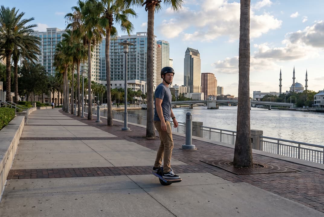 Onewheel rider on a downtown Tampa waterfront path near the Riverwalk.