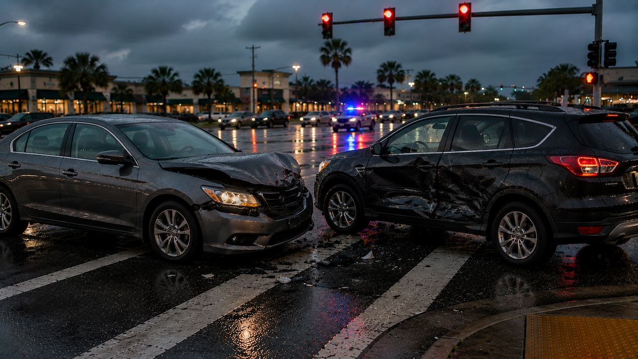 Damaged family vehicle stopped after a Tampa car accident with emergency lights in the distance.