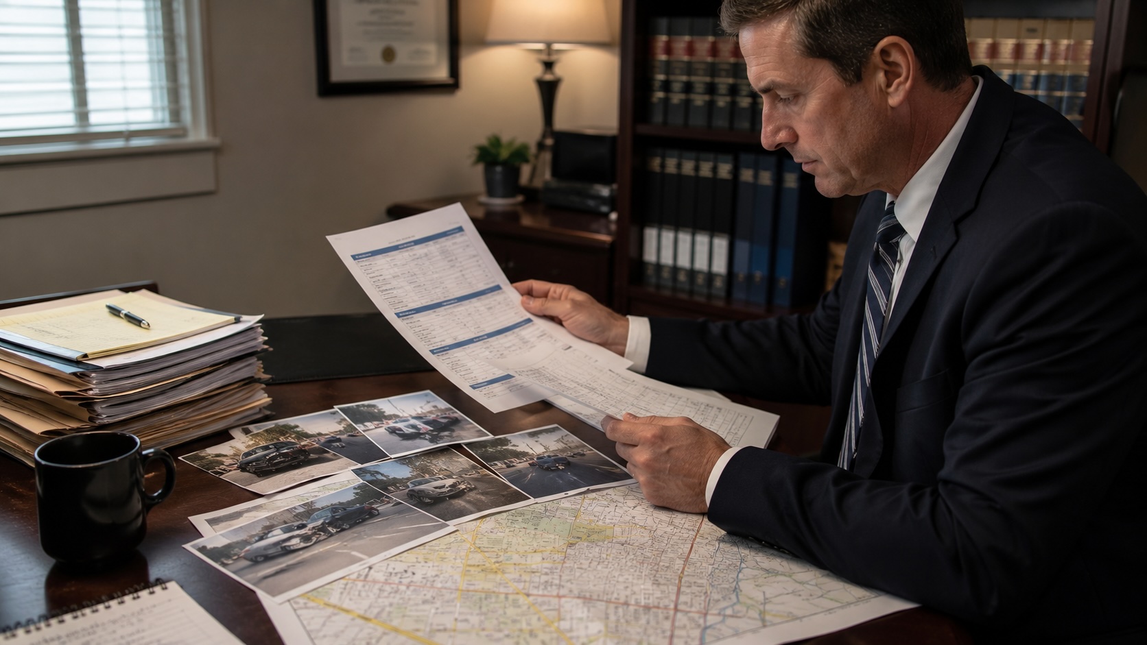 Attorney reviewing a Florida driving record beside car accident evidence in a Tampa office.